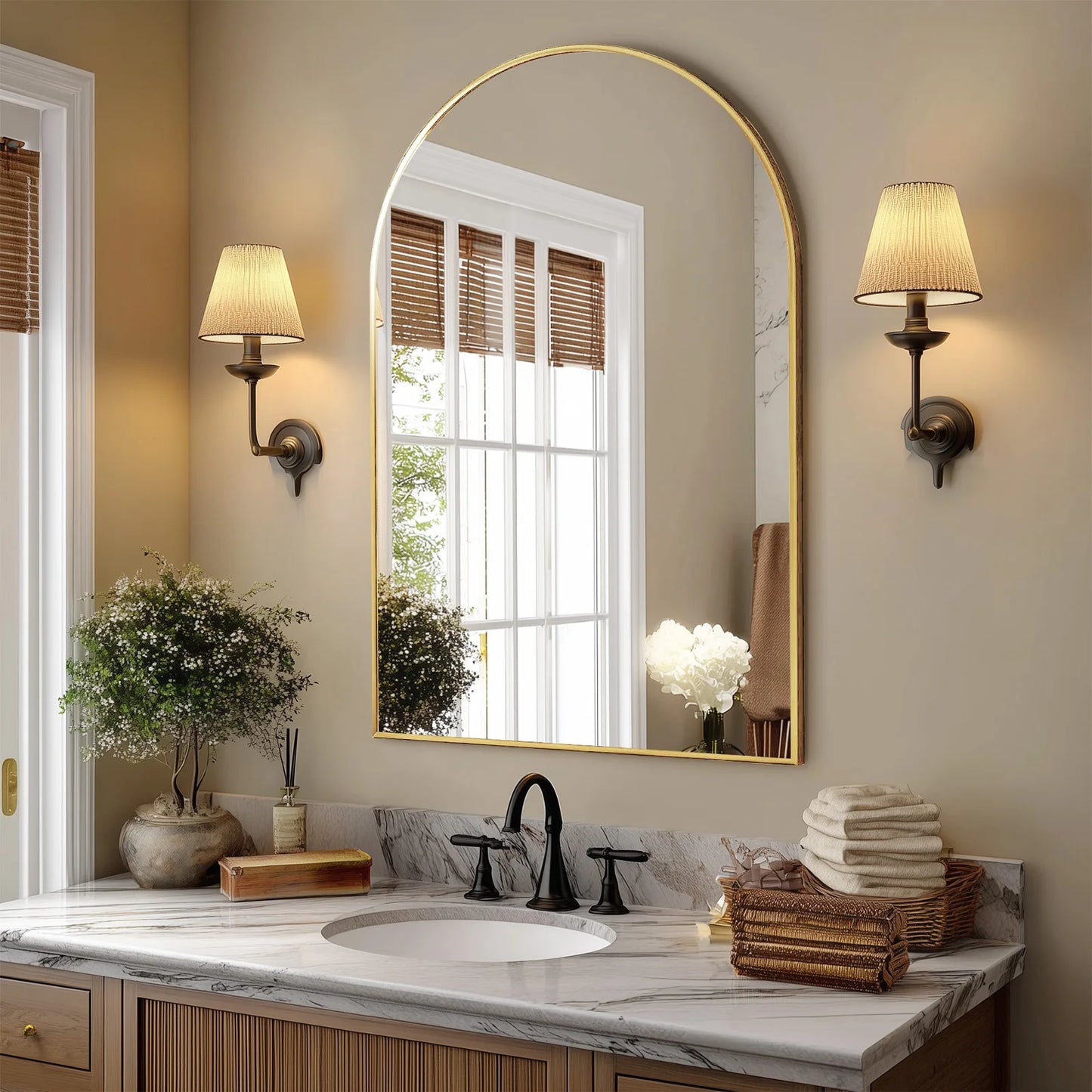 JHK Arched Metal Framed Wall Mirror For Bathroom Decor