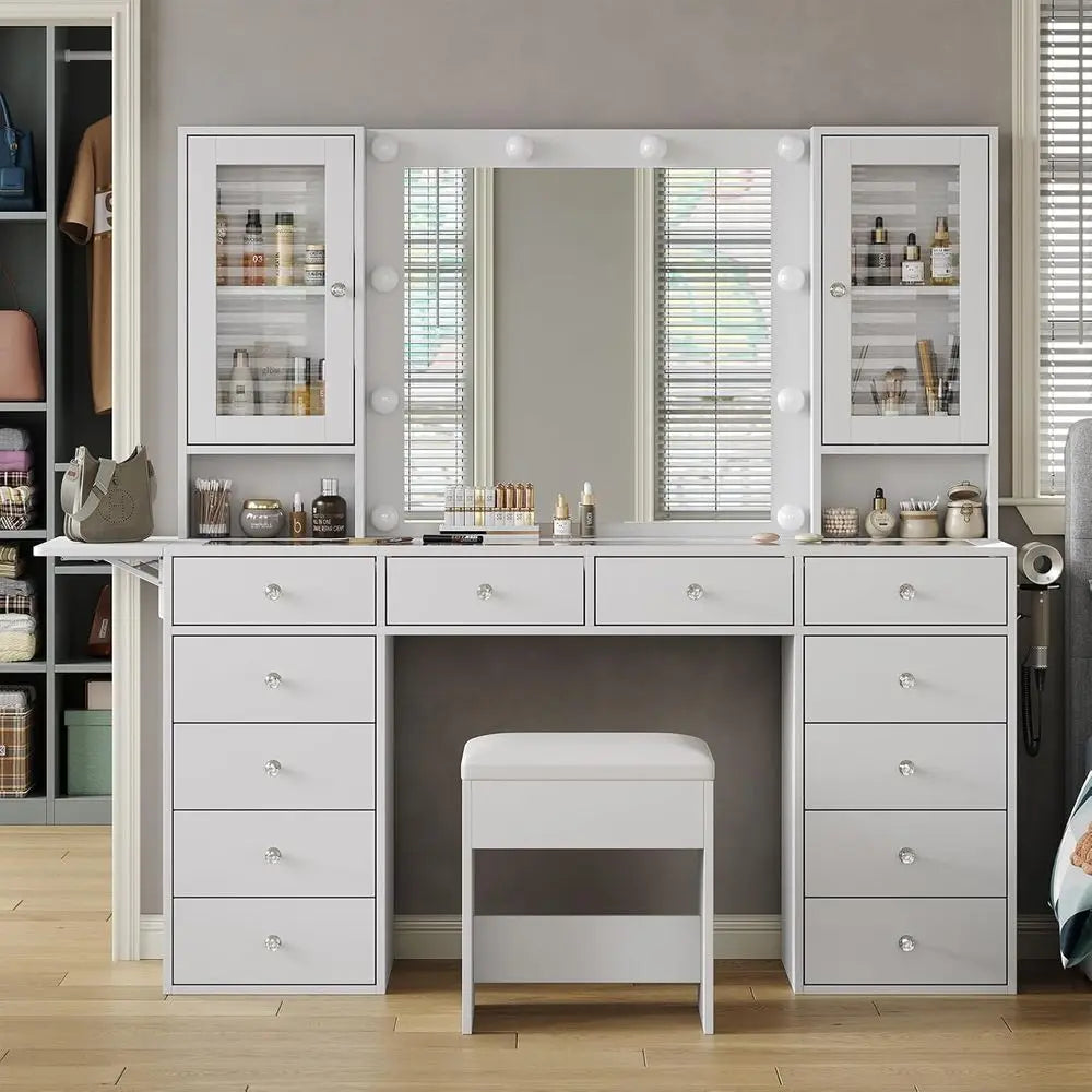 LED Illuminated Makeup Vanity Desk With Power Outlet Storage Drawers