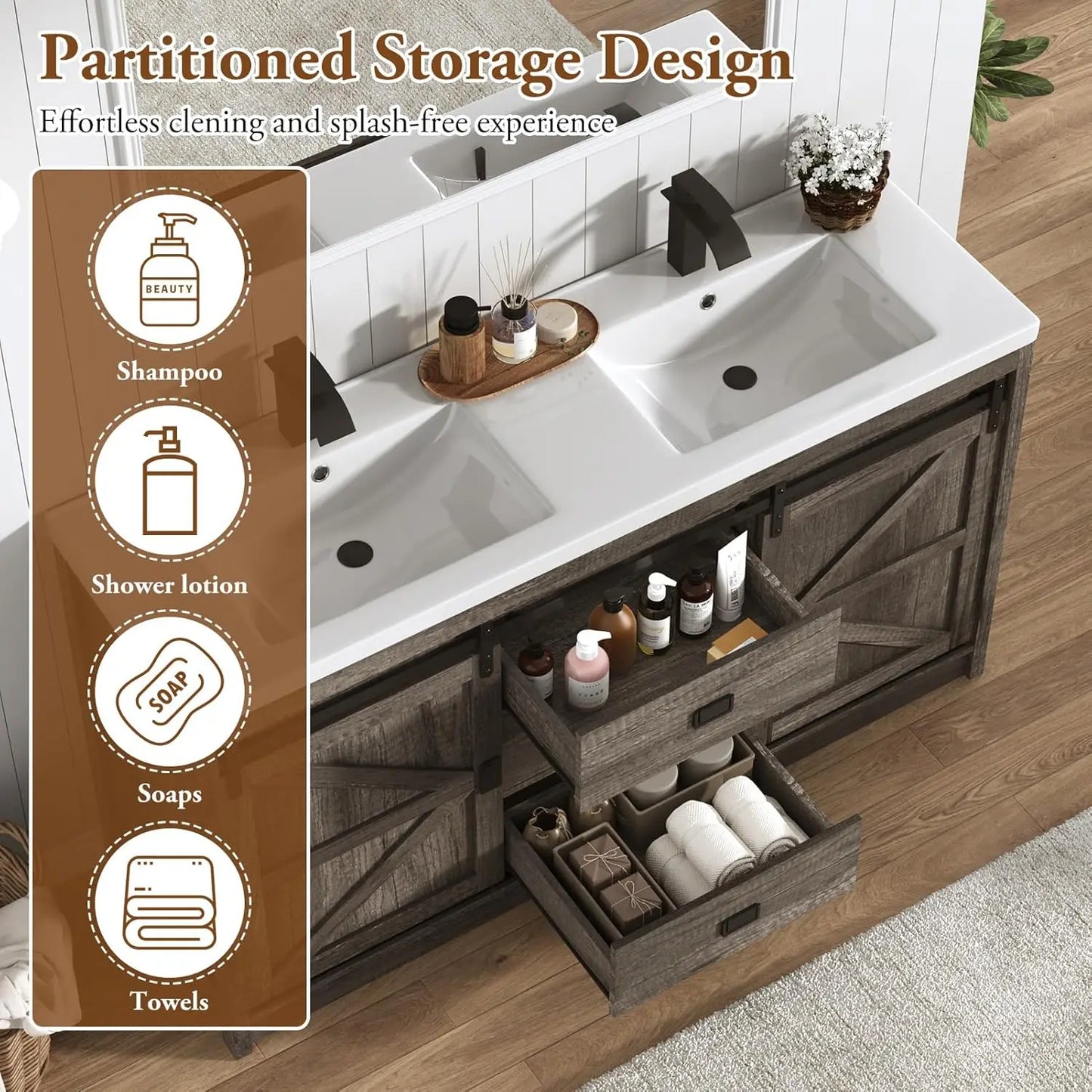 Double Bathroom Vanity With Sink Faucet And Sewer Pipes Cabinet