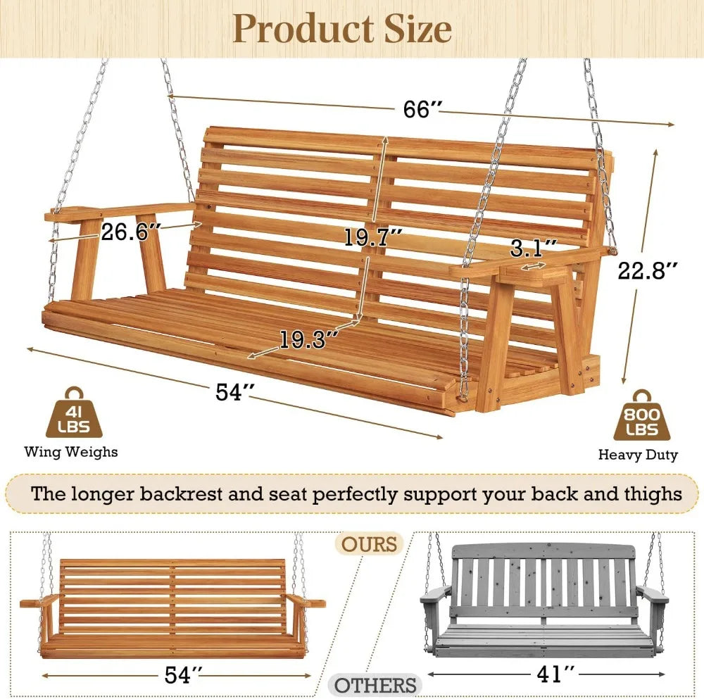 Wooden Porch Swing With Cup Holders For Outdoor Garden