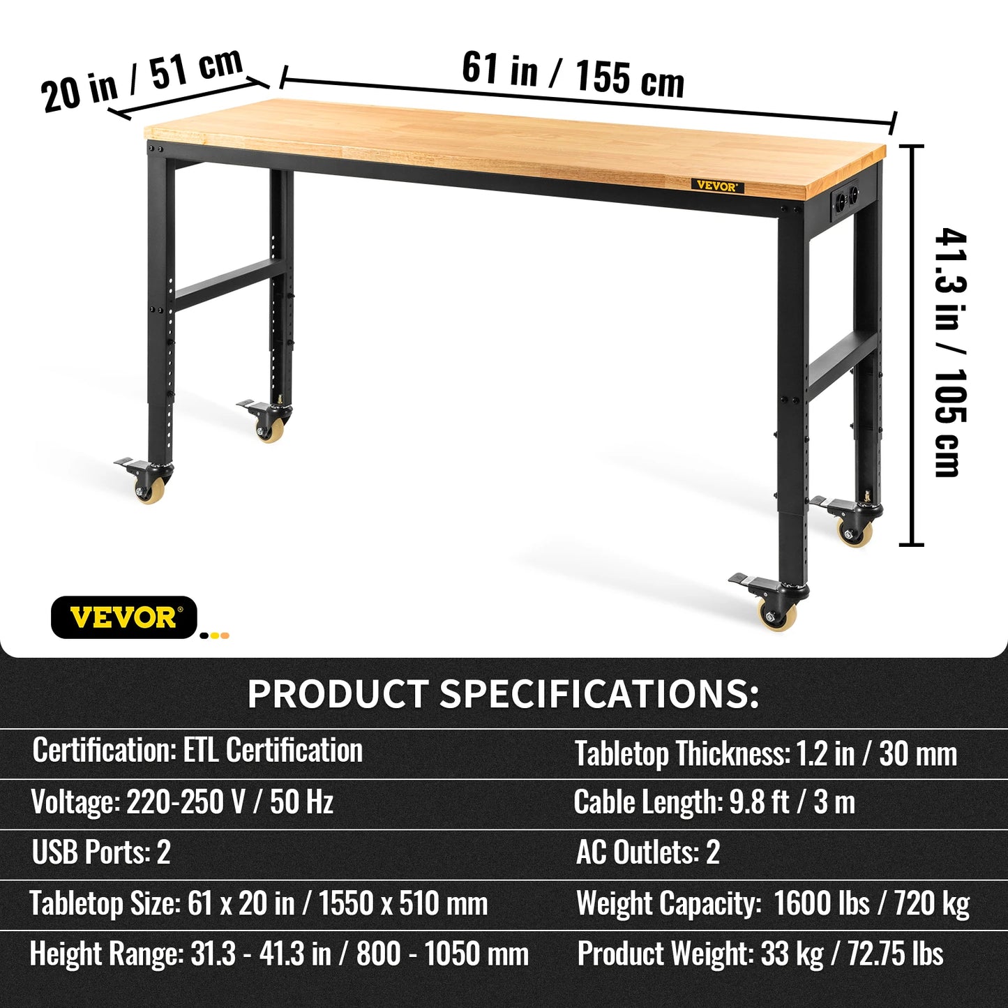 SucceBuy Heavy Duty Workbench With Oak Hardwood Top And 900kg Load