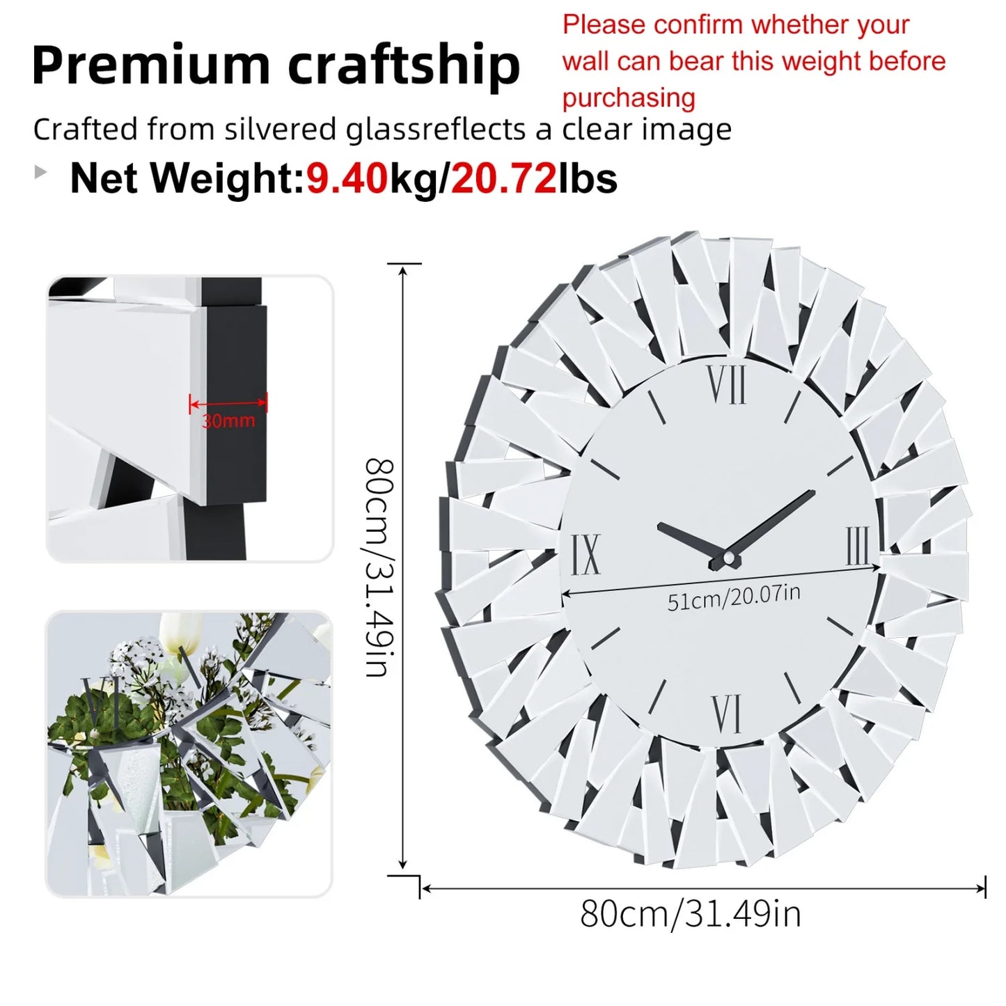 Modern Circular Wall Clock With Beveled Glass And Silent Movement