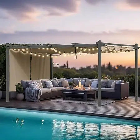 Outdoor Aluminum Pergola With Retractable Canopy And Side Shade