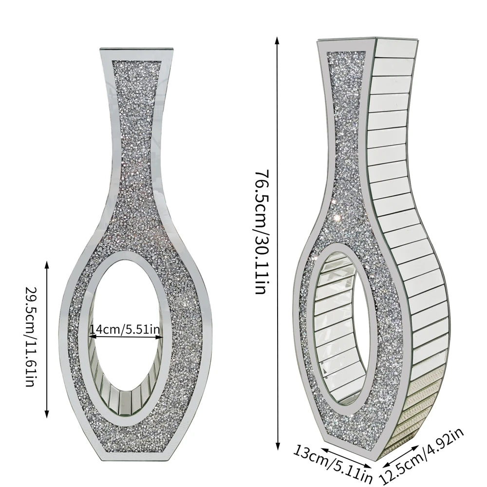 Mirrored Floor Vase With Crystal Diamond Accent Elegant Home Decor