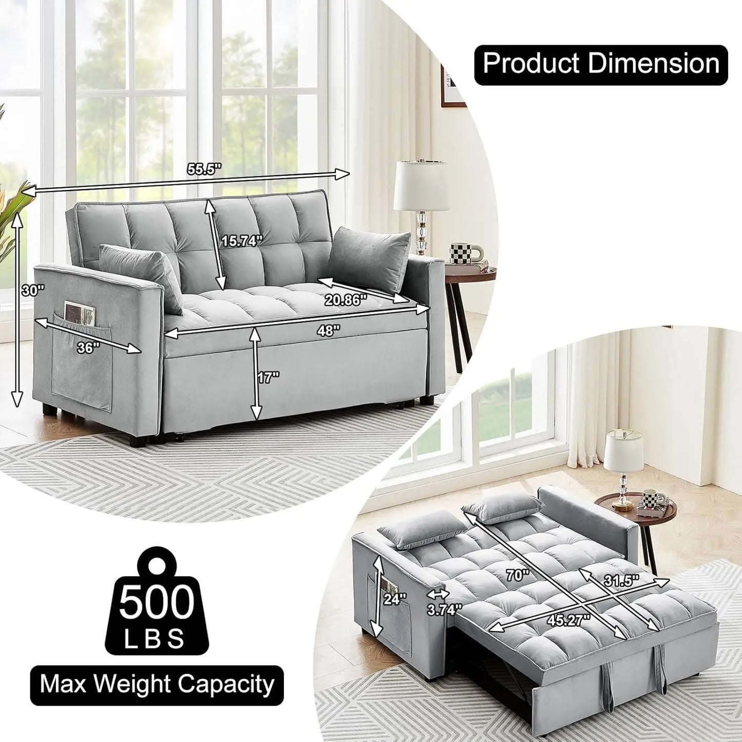 Convertible Sleeper Sofa Bed Modern Loveseat With Adjustable Reclining
