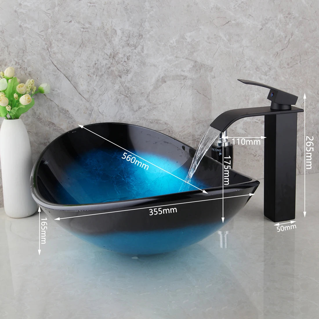 YANKSMART Monite Tempered Glass Bathroom Sink Set Oval Above Counter