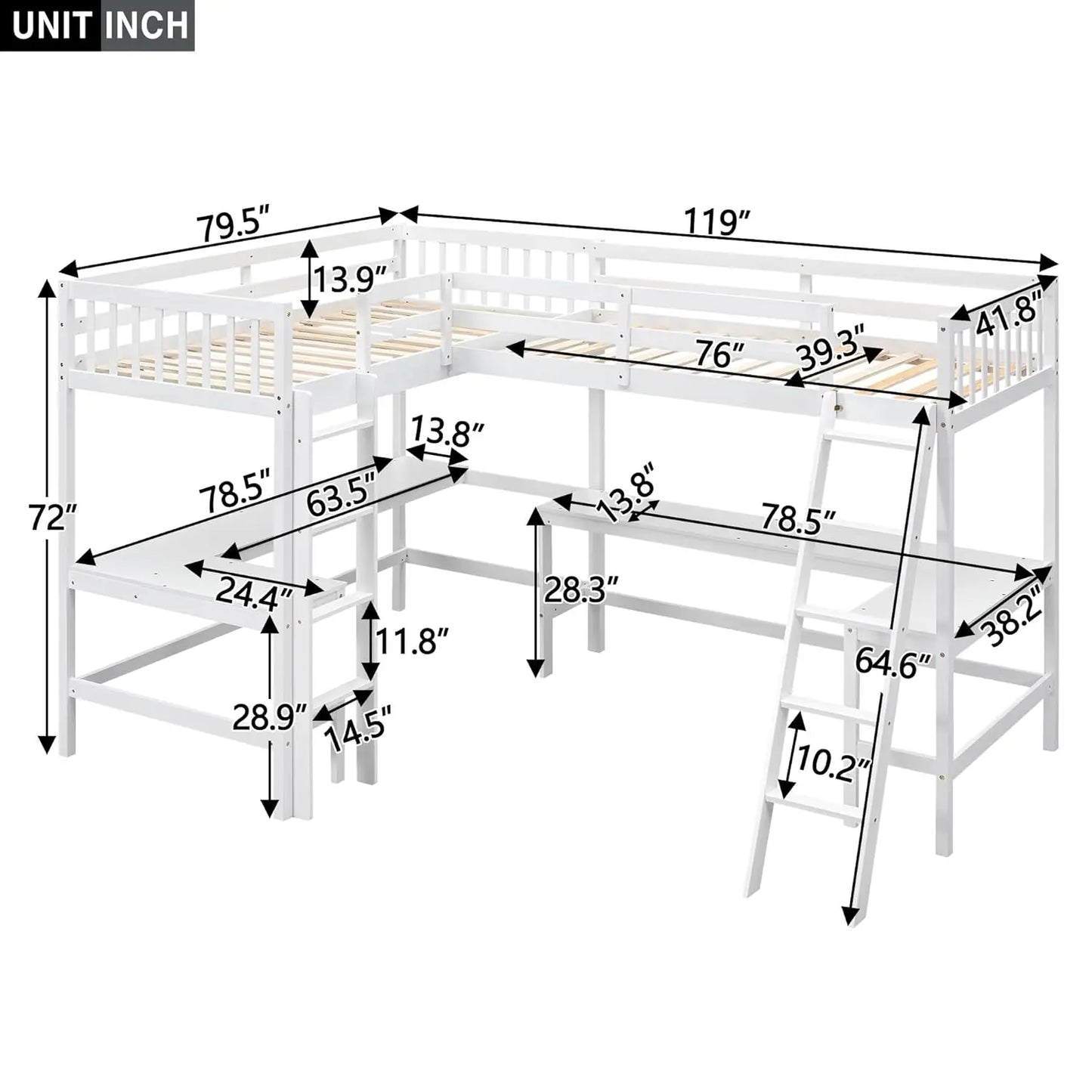 Corner Double Loft Bed L Shaped Desks And Slant Ladder