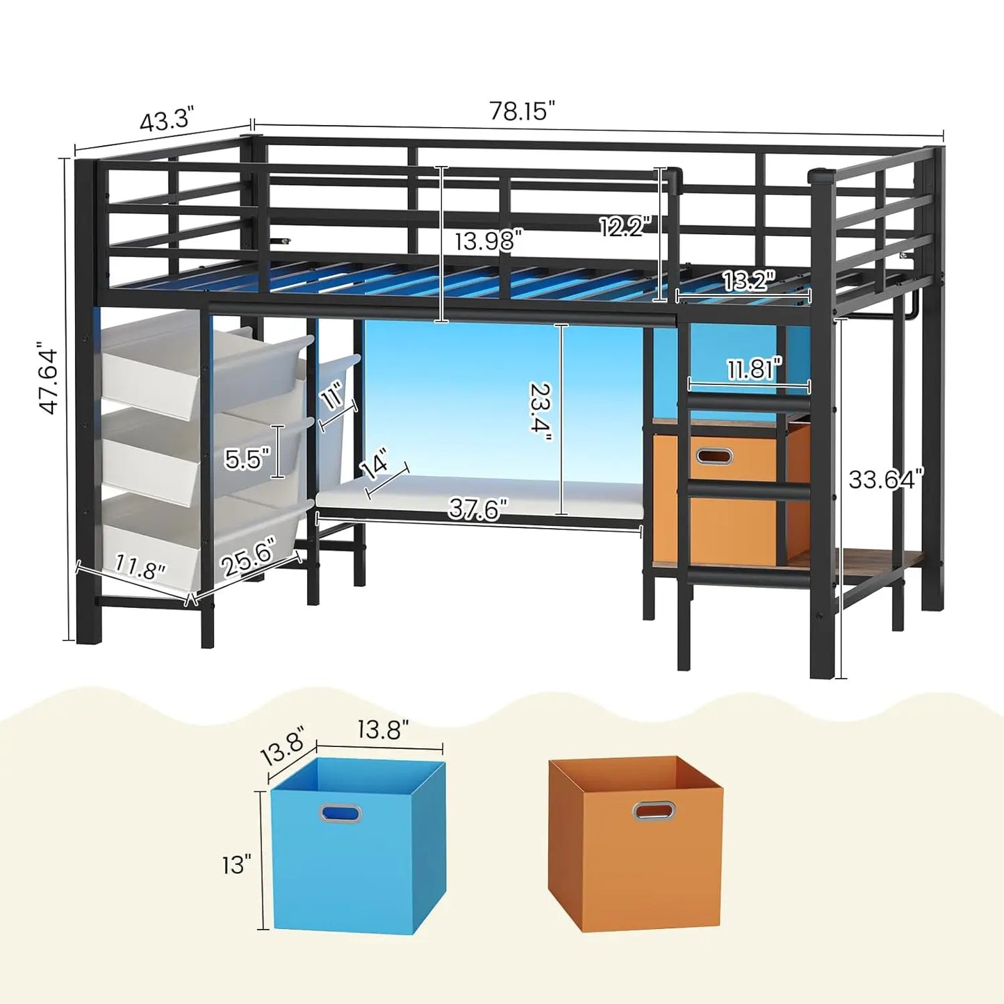 Twin Loft Bed With Reading Corner And LED Lights Guardrail