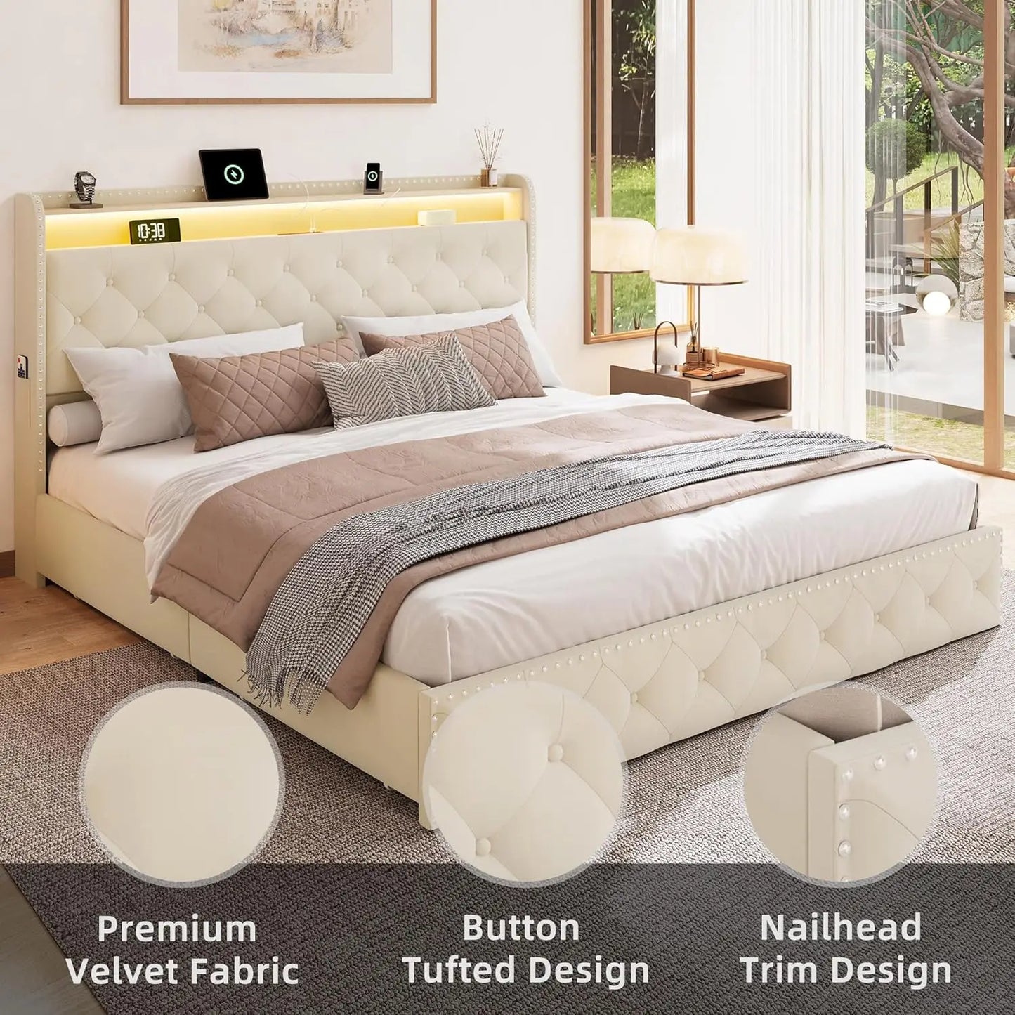 Velvet Bed Frame With LED Lighting And Storage Drawers