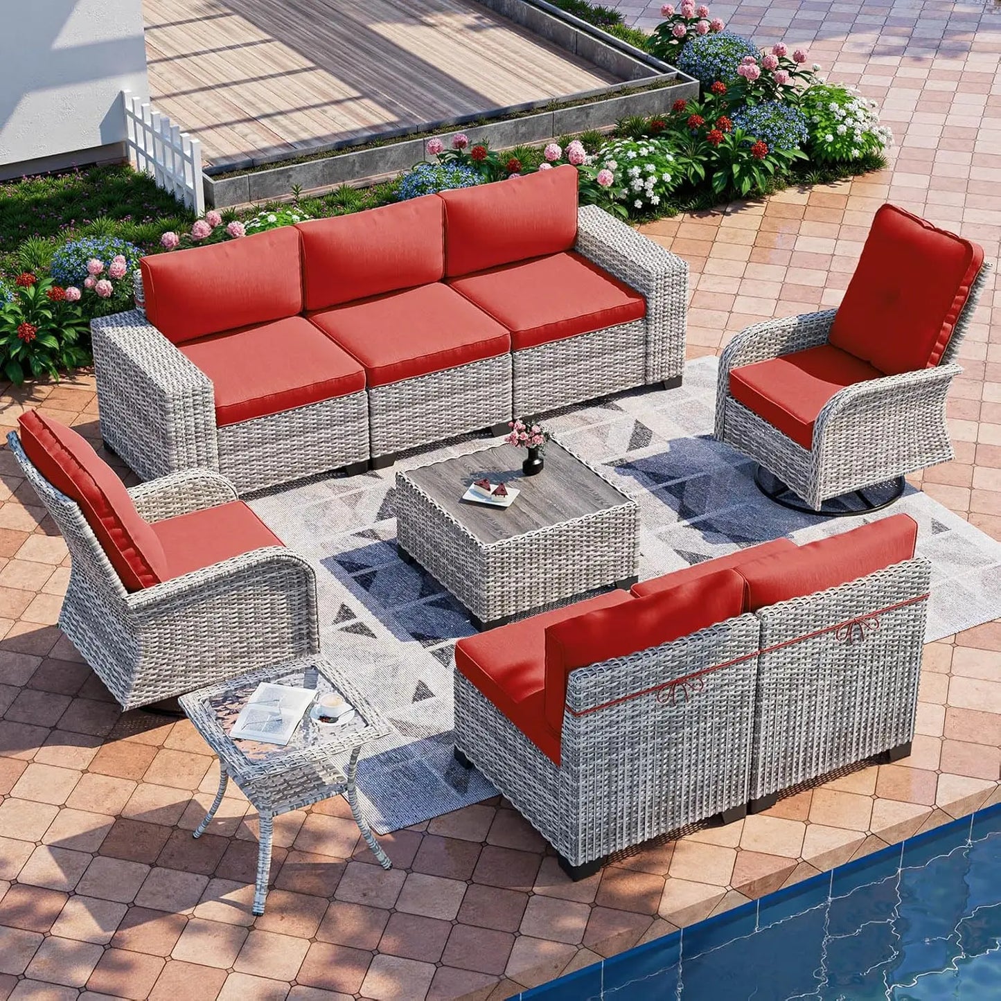 Outdoor 9 Piece Rattan Patio Furniture Set With Rocking Swivel Chairs