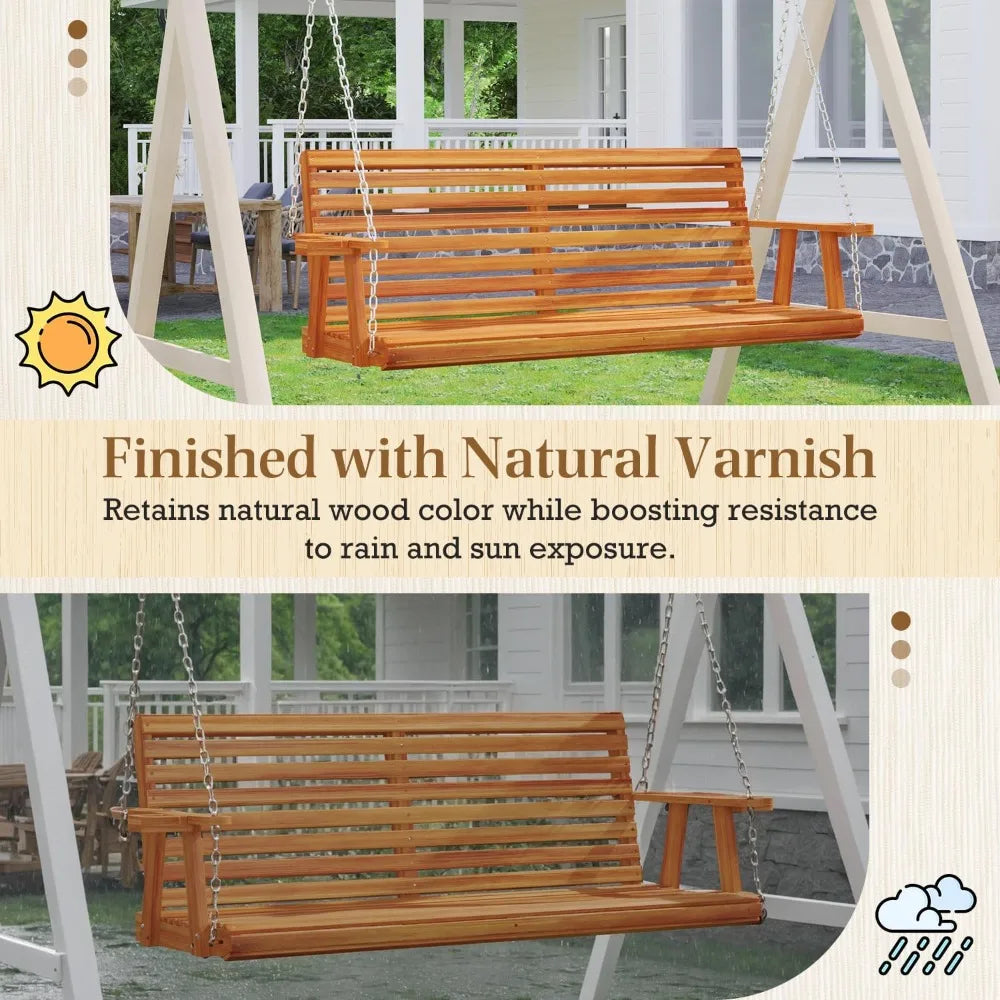 Wooden Porch Swing With Cup Holders For Outdoor Garden