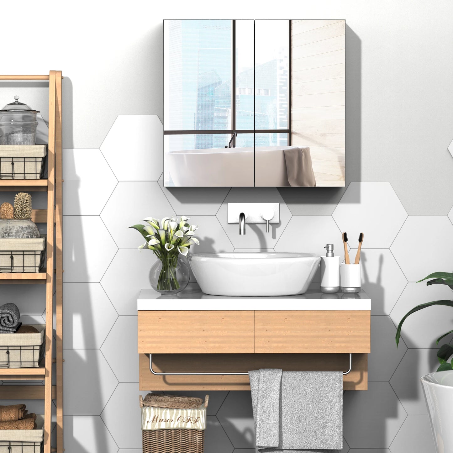 Kleankin Bathroom Mirrored Cabinet Wall Mounted Medicine Cabinet With Doors