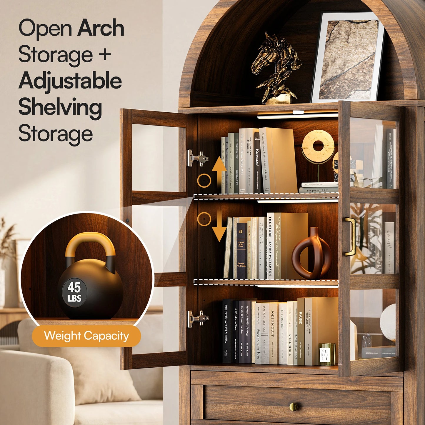 Furgle Arched Wood Storage Cabinet With Adjustable Shelves Dimmable Lights