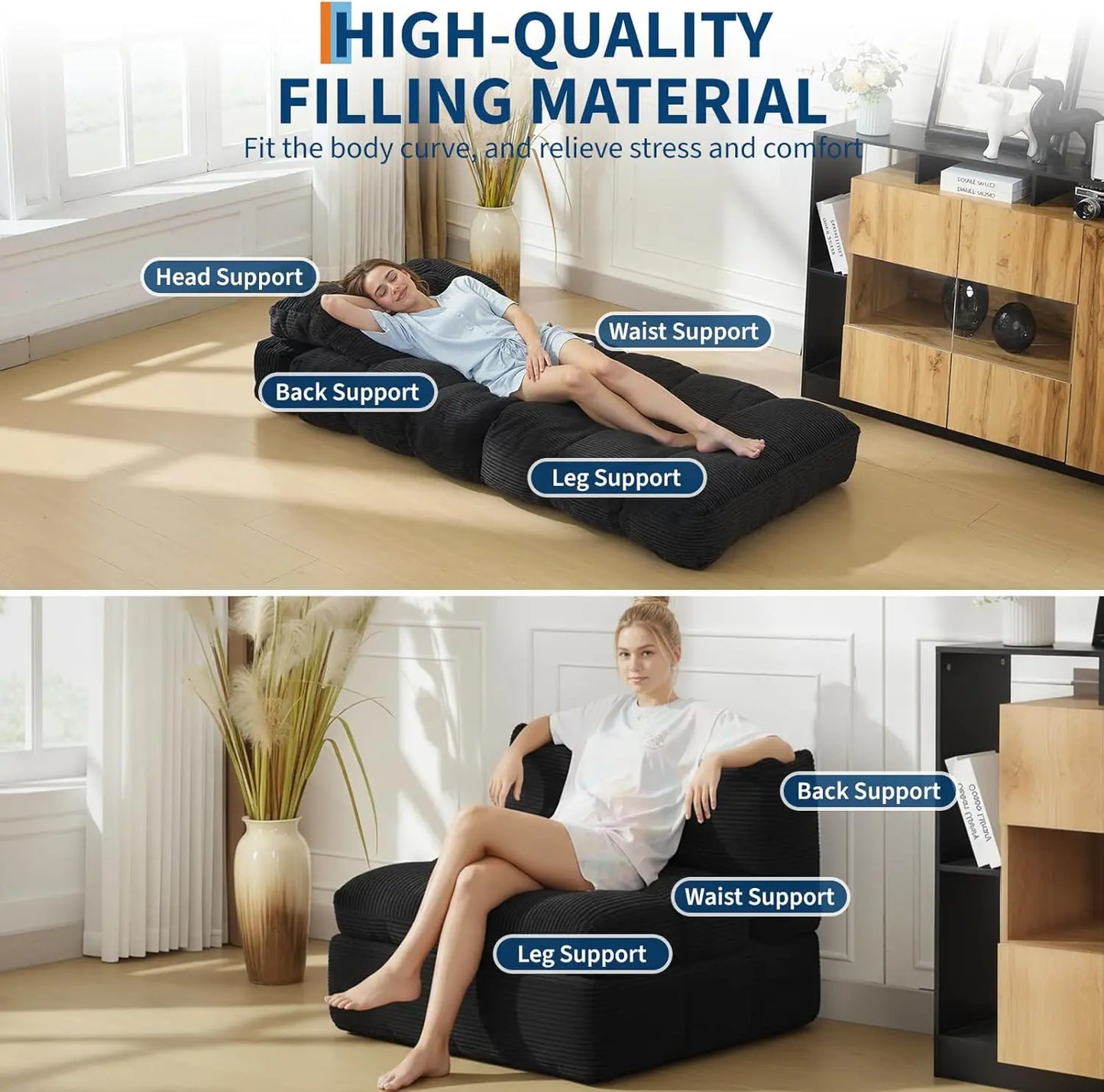 HiMISS 3in1 Folding Sofa Bed With Back Support Portable