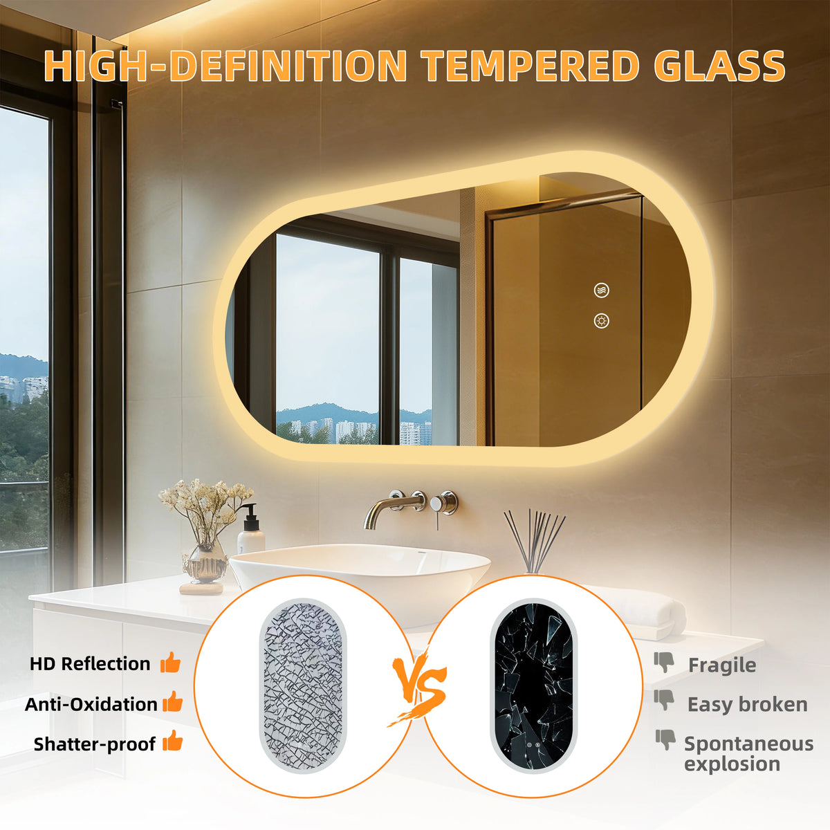 Borwart Smart LED Bathroom Mirror With Anti Fog Tempered Glass