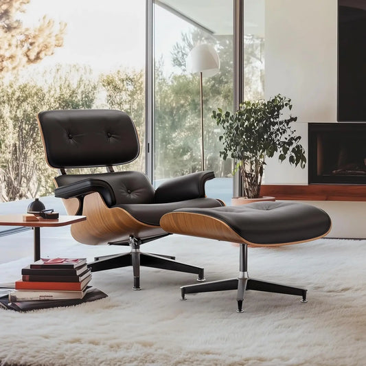 PU Leather Chaise Lounge Chair With Ottoman Walnut Wood