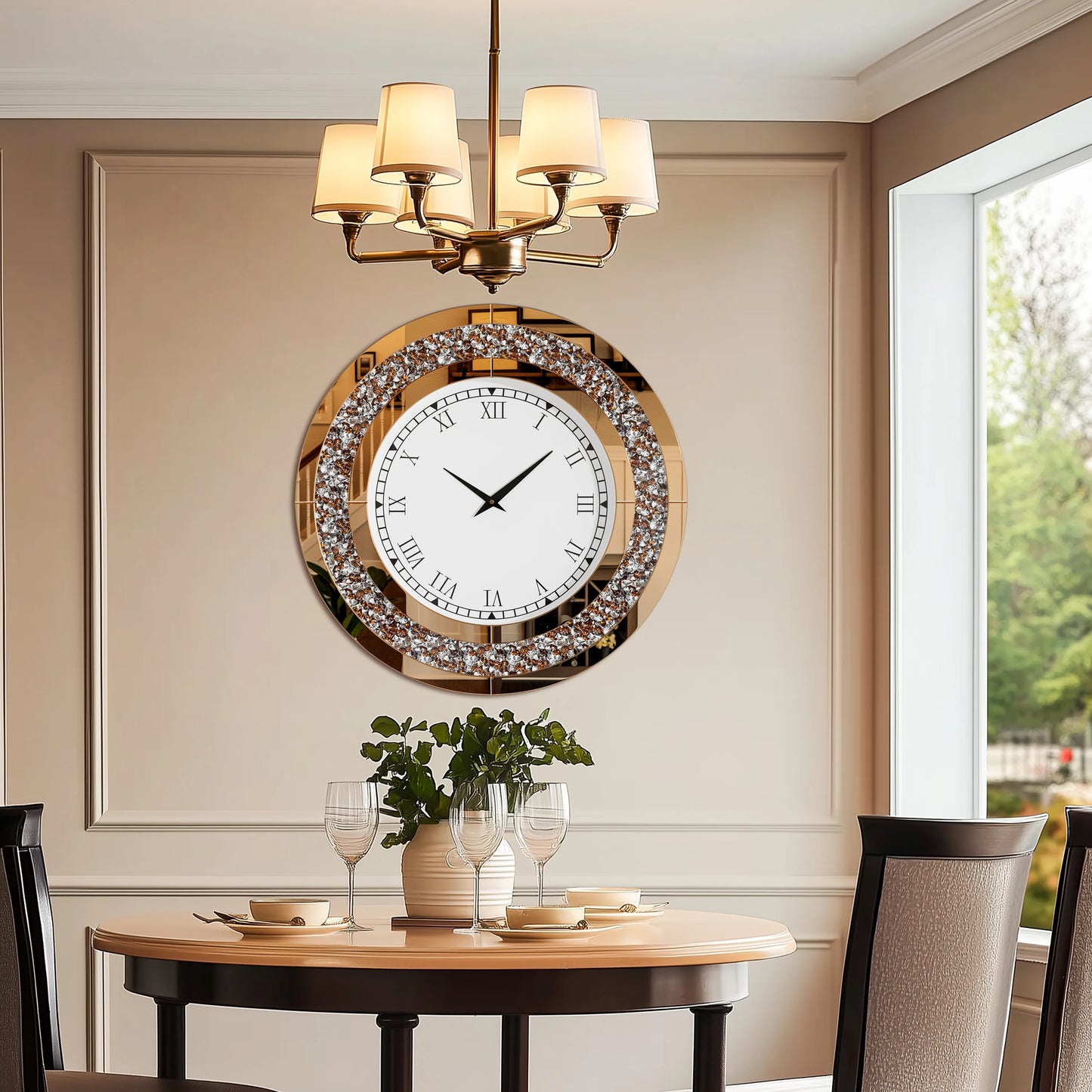 Crystal Embellished Round Mirror Clock For Wall Decor