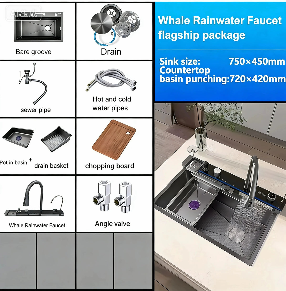304 Stainless Steel Kitchen Waterfall Sink Digital Display Large Single Sink Dish Basin Sink With Multifunction Touch Waterfall