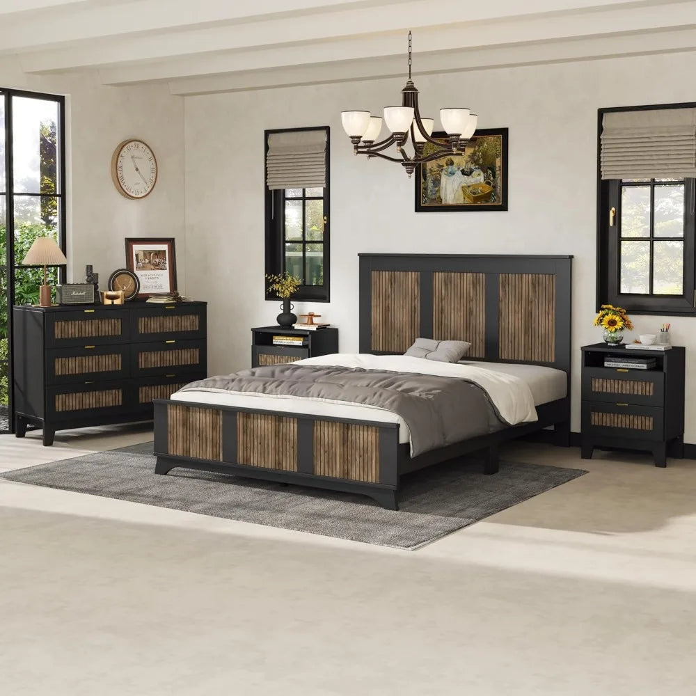 MKDK 4 Piece Bedroom Set Platform Bed Nightstands Dresser