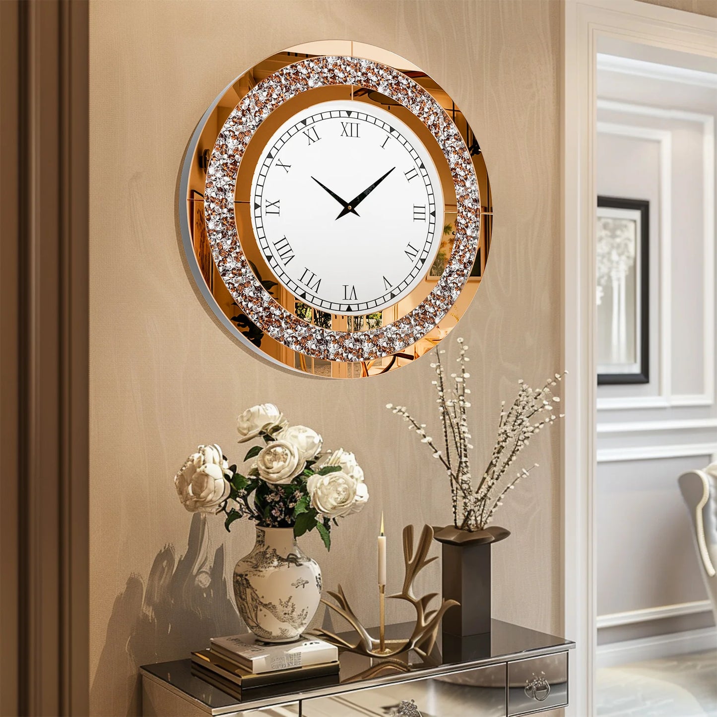 Round Mirror Wall Clock Crystal Sparkle Bling Living Room