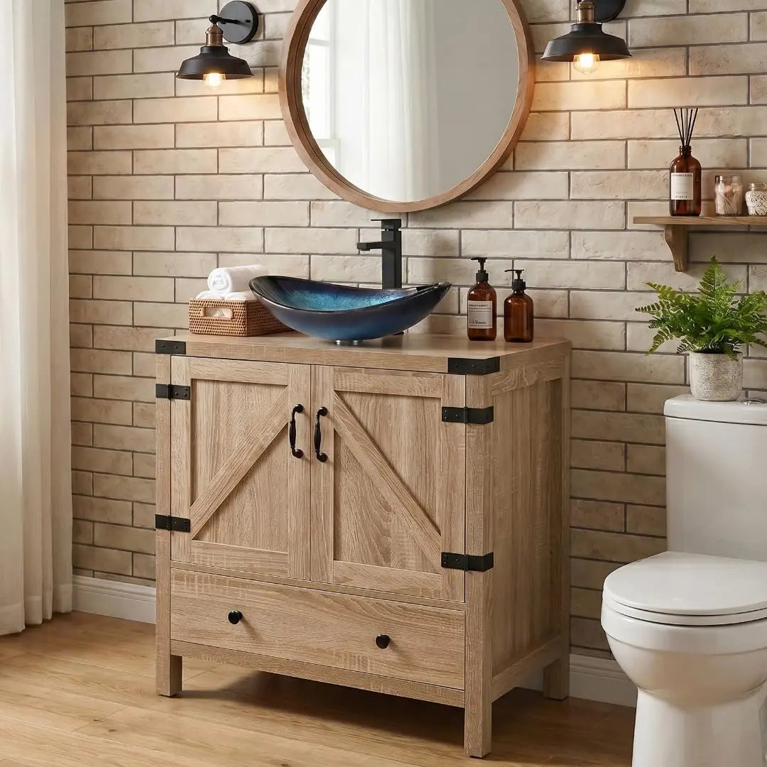 Rustic Bathroom Vanity With Pedestal Cabinet And Vessel Sink