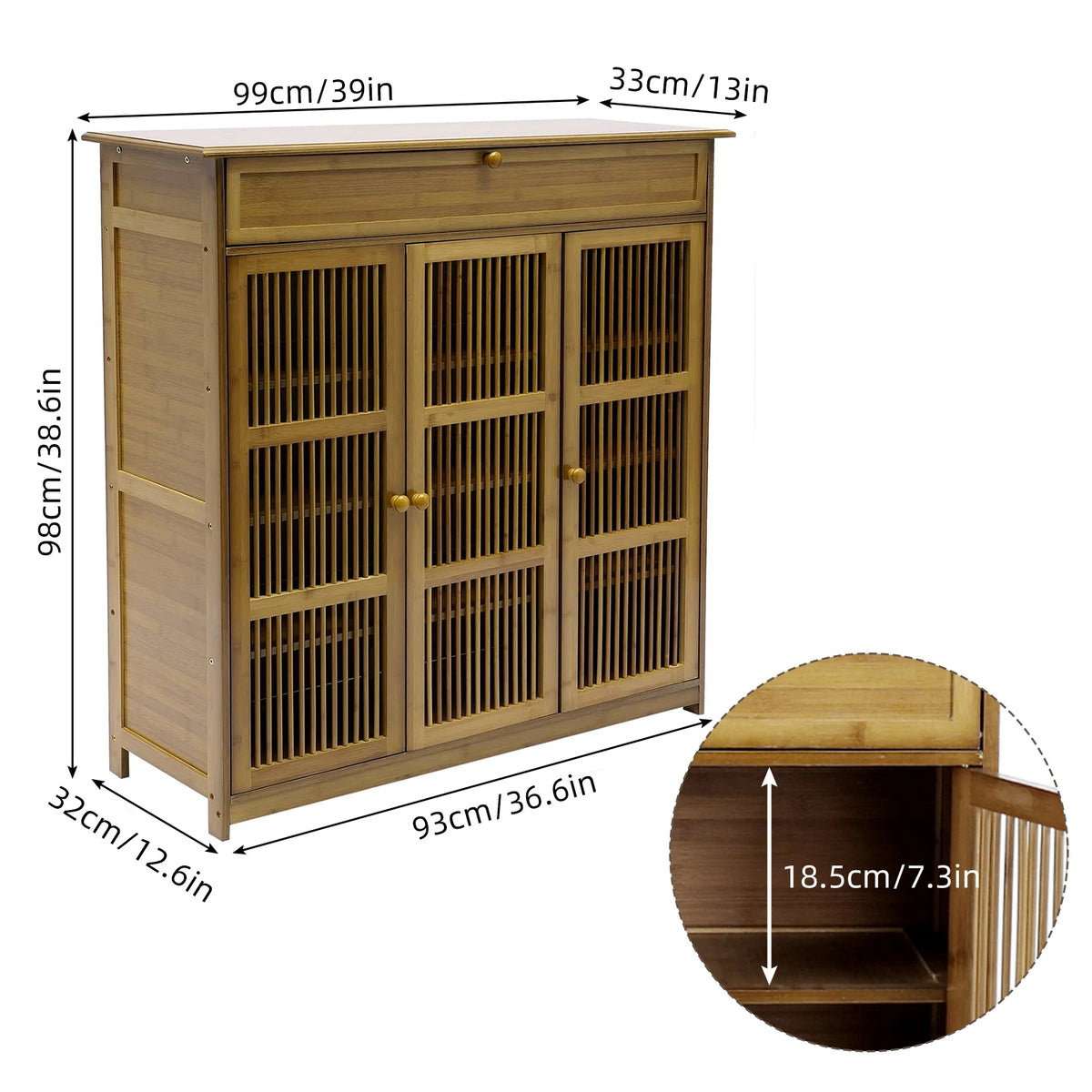 Freestanding Bamboo Shoe Cabinet With Three Doors For Entryway Storage