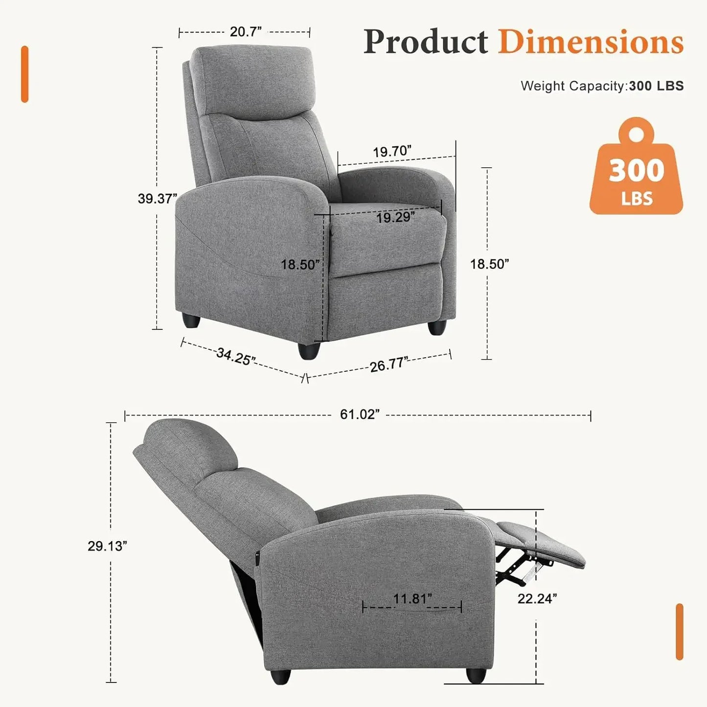 Fabric Recliner Chair With Lumbar Support And Adjustable Back