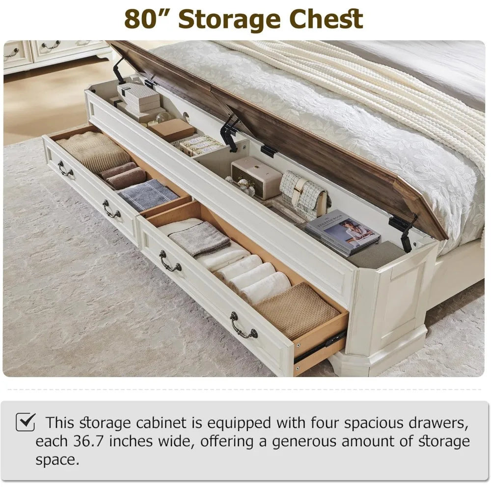 XMSJ Farmhouse King Platform Bed With Headboard Storage Bench