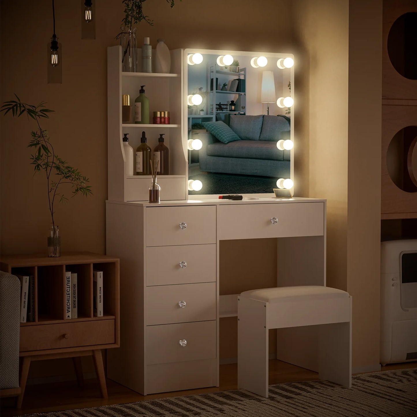Teousev LED Makeup Vanity Set With Sliding Mirror And Storage