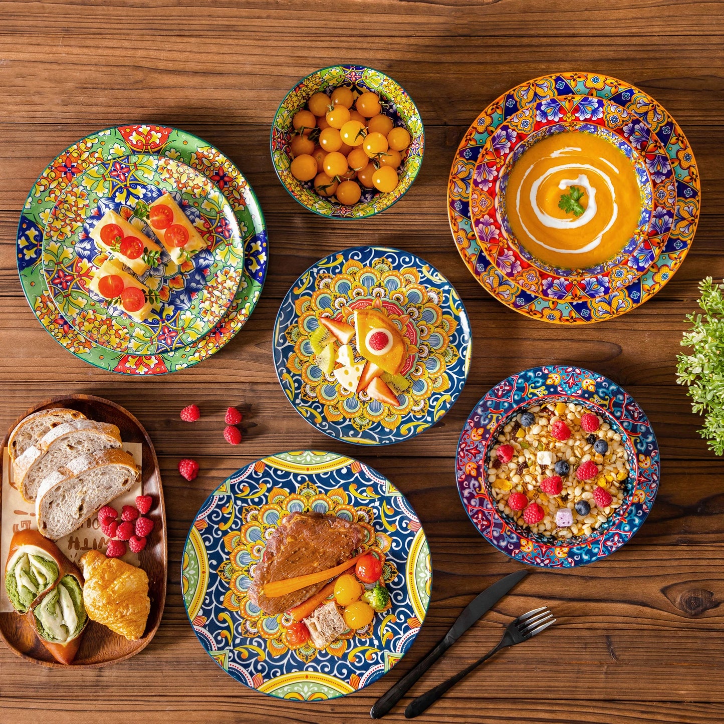 MALACASA Bohemian Ceramic Dinnerware Set Porcelain Plates Bowls