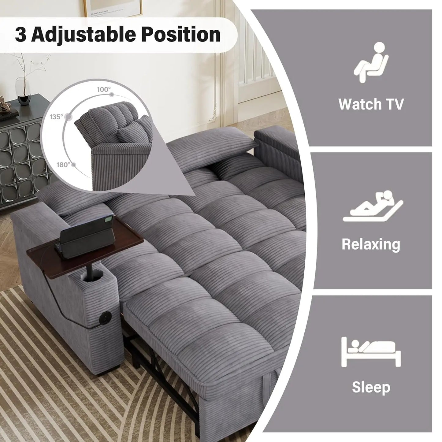 Sleeper Sofa With Pull Out Bed And Storage Armrests Corduroy