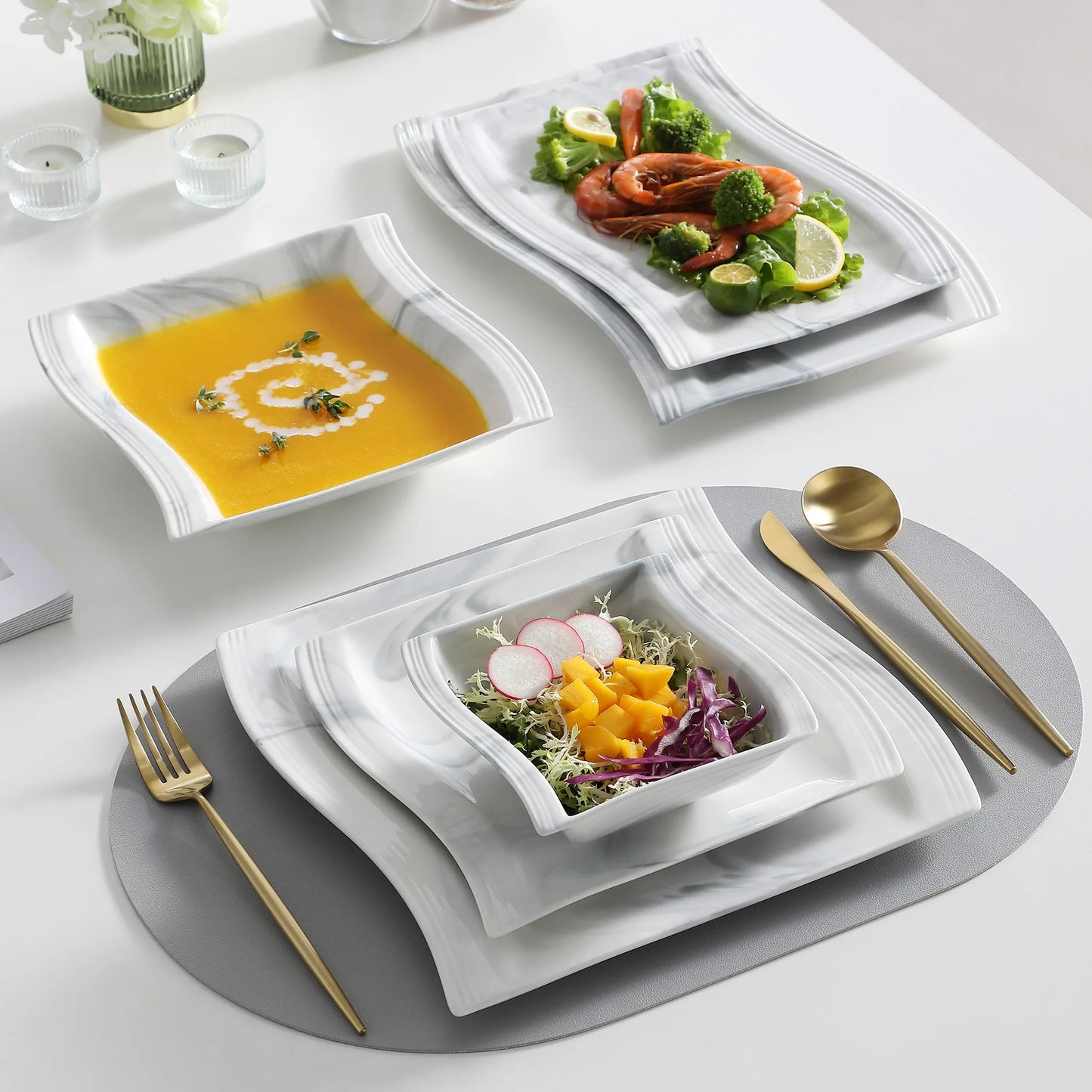 MALACASA Flora 26 Piece Nordic Marble Gray Porcelain Dinnerware Set for 6
