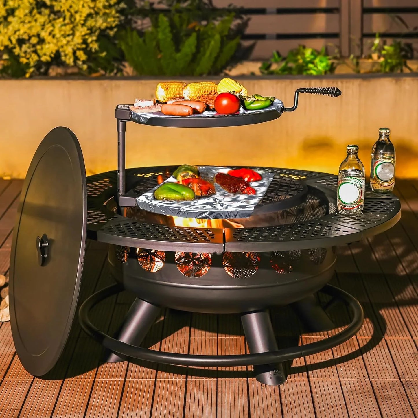 Three In One Outdoor Fire Pit With Lid And Two Cooking Grills Wood Burning