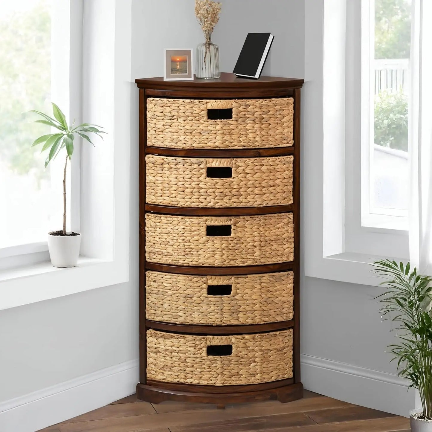 X Side Corner Storage Cabinet With Wicker Baskets For Bathroom