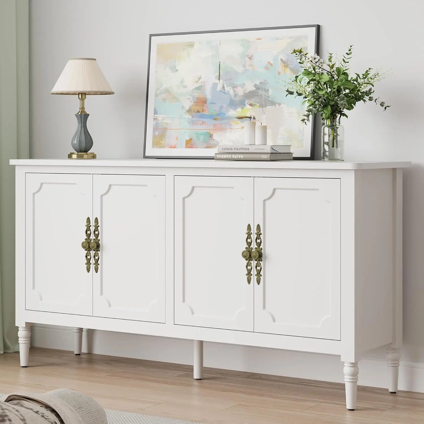 Modern Sideboard Buffet Cabinet With Adjustable Shelves And Carved Handle