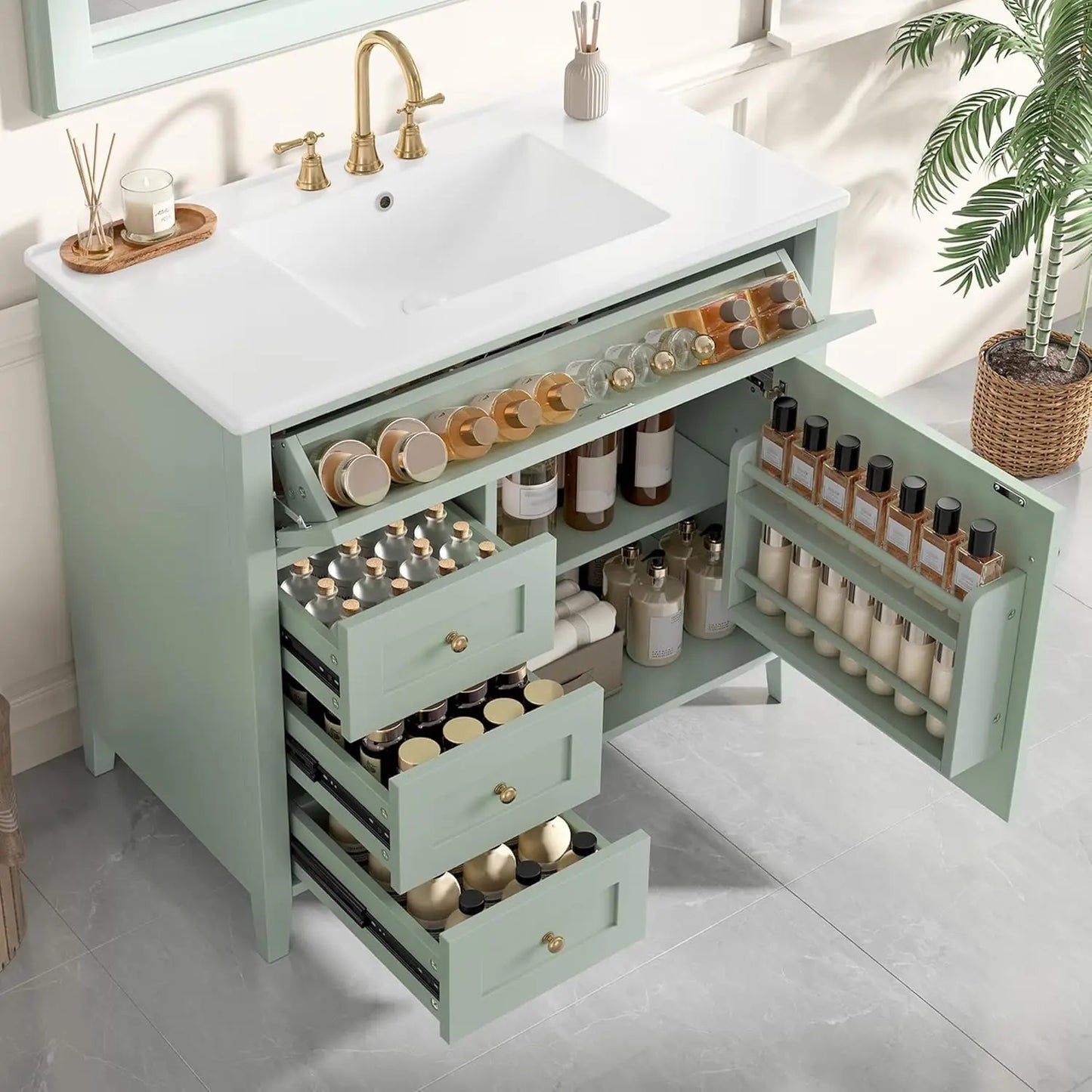 Wooden Bathroom Vanity With Ceramic Basin And Ample Storage Cabinets