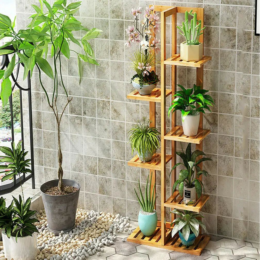 Bamboo Six Tier Plant Stand Rack For Indoor Outdoor Display