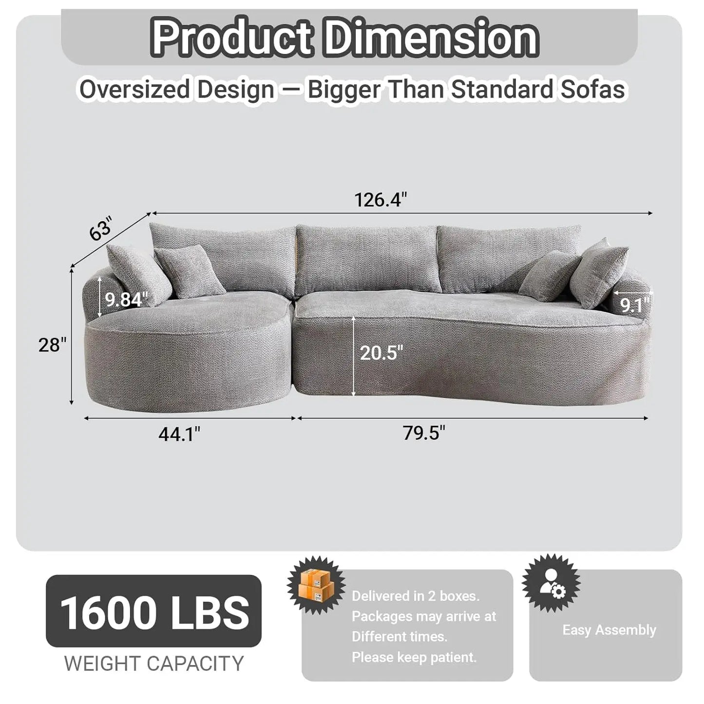 L-Shaped Boneless Sofa Sectional With Deep Seats and Pillows