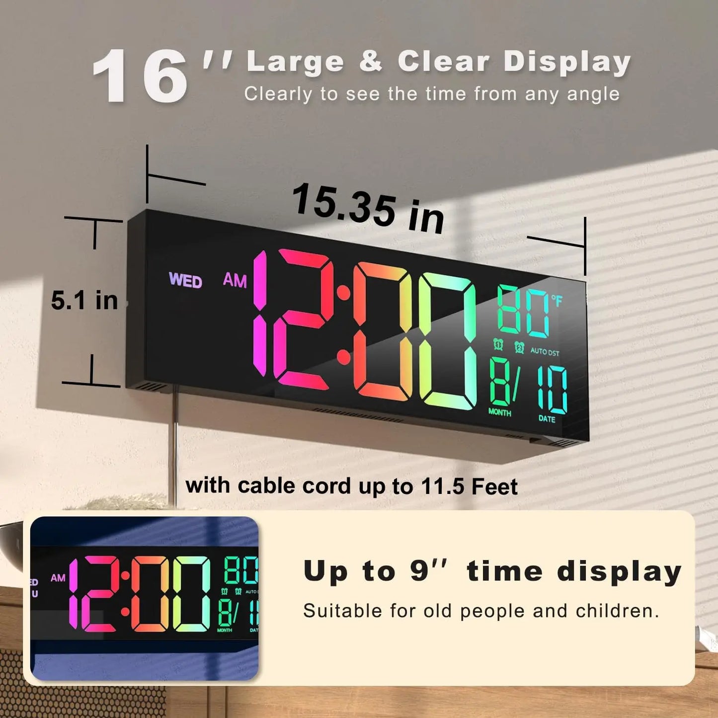 Digital Wall Clock With Remote, Timer, Alarm, LED Display, 8 RGB Colors