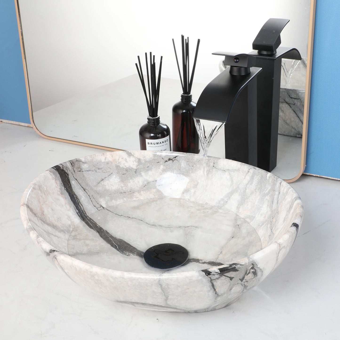 Mekhala Oval Vessel Sink With Faucet Marble Pattern Ceramic Vessel Sink