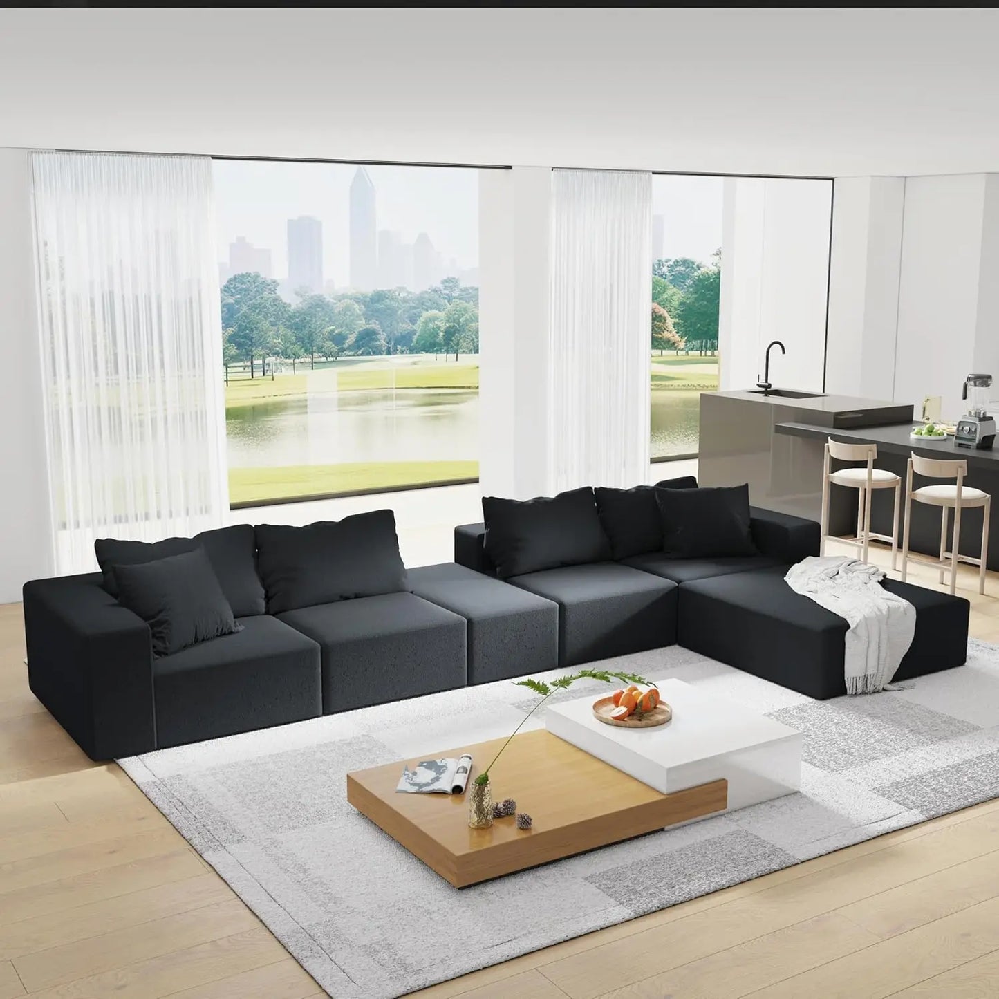 Modern Upholstered Sectional Sofa With Six Pillows Free Setup