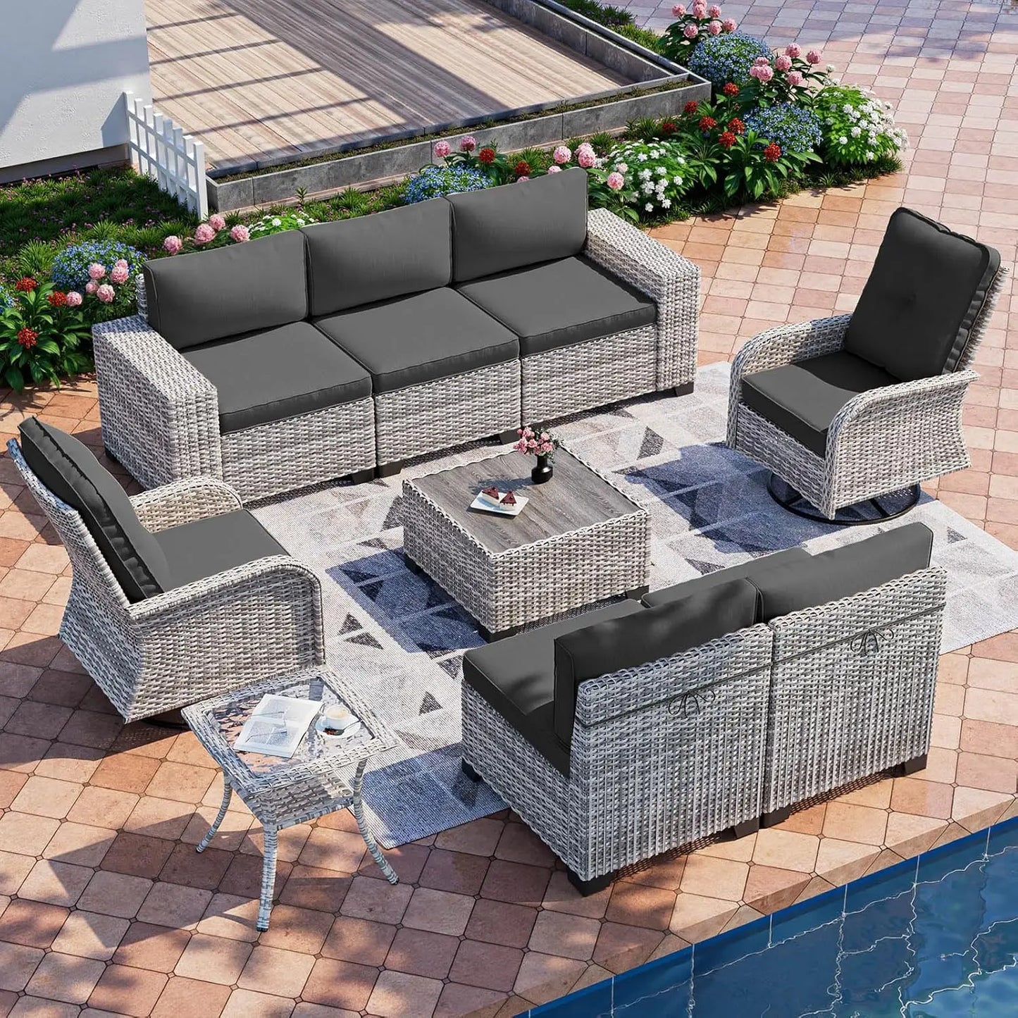 Outdoor 9 Piece Rattan Patio Furniture Set With Rocking Swivel Chairs