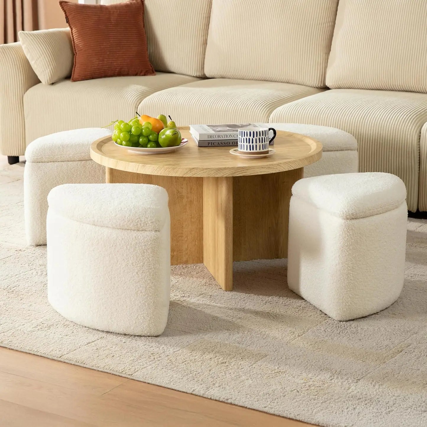 Guangbai Round Coffee Table With Storage And Ottomans