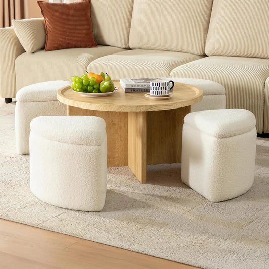 Guangbai Round Coffee Table With Storage And Ottomans