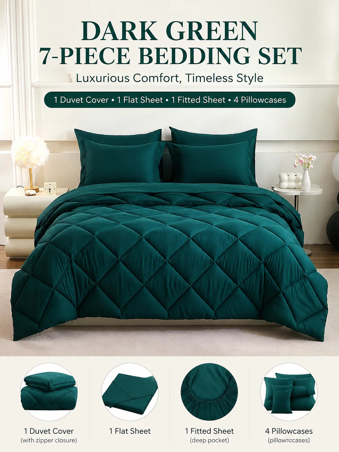 EasYum 7 Piece Bedding Set With Comforter Flat Fitted Sheets