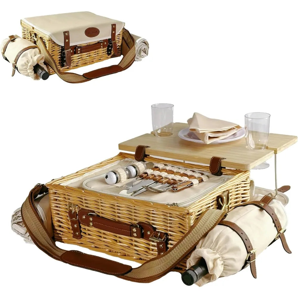 NBVCX Wicker Picnic Basket For Two With Insulated Wine Pouch And Tableware