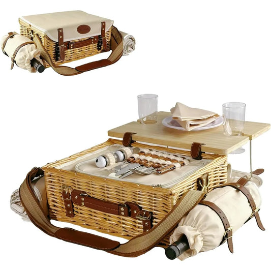 NBVCX Wicker Picnic Basket For Two With Insulated Wine Pouch And Tableware