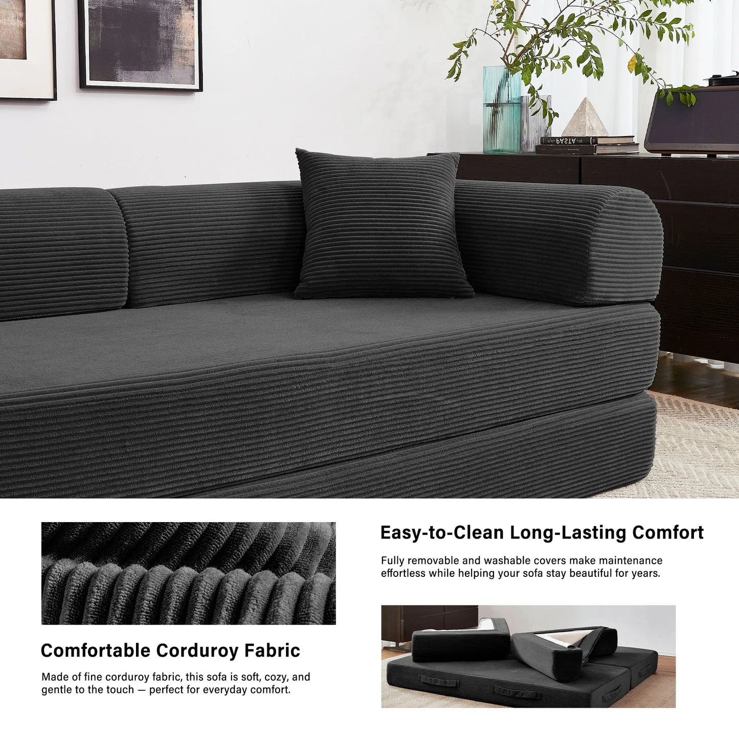 Convertible Sofa Bed With L-Shaped Armrests For Living Room