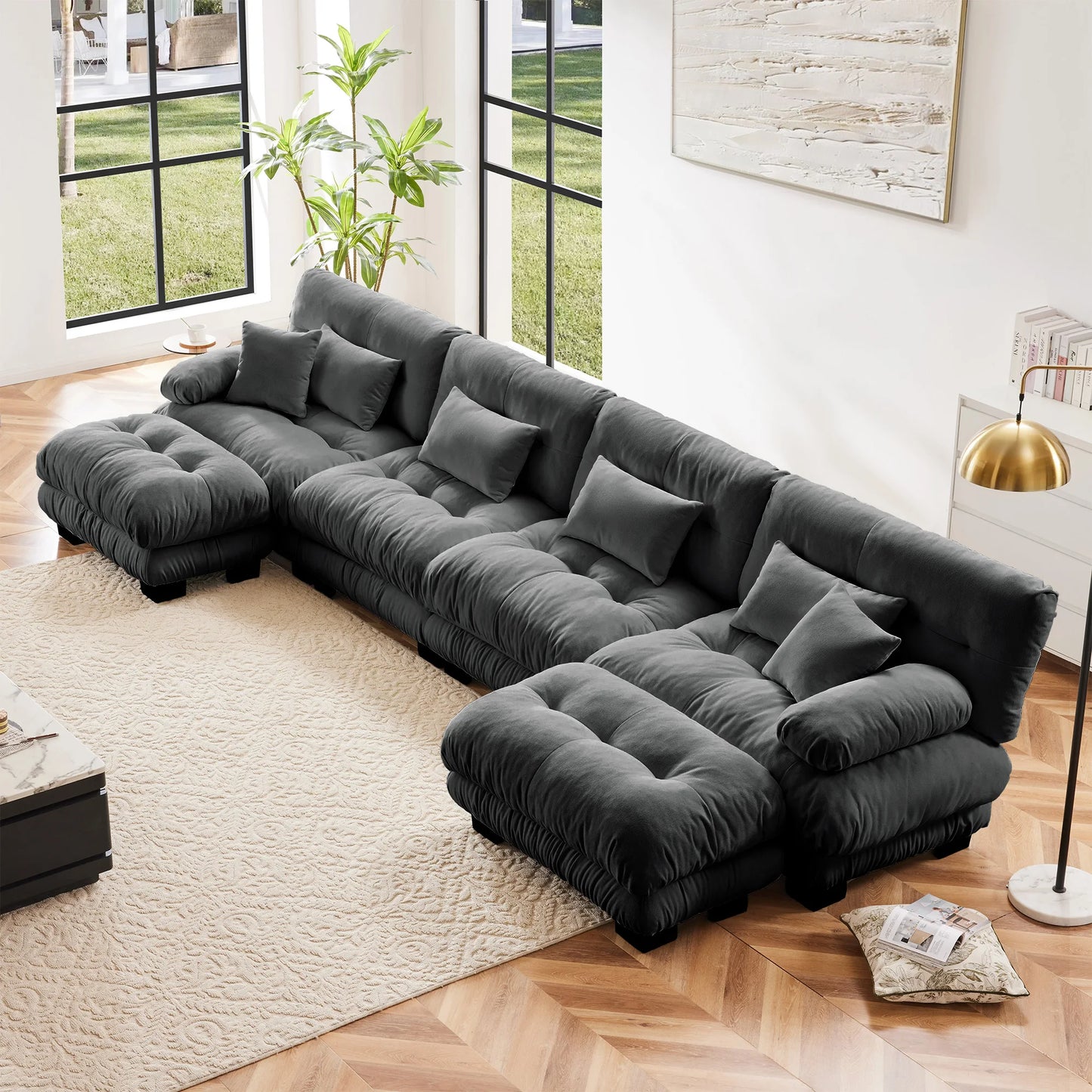 Chenille Modular Sectional Sofa Couch With Ottomans