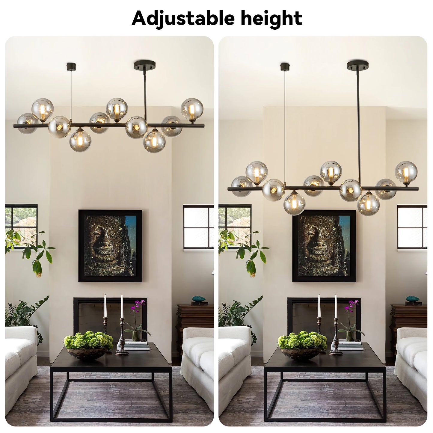 10 Light Adjustable Chandelier Mid Century Modern Glass Globes